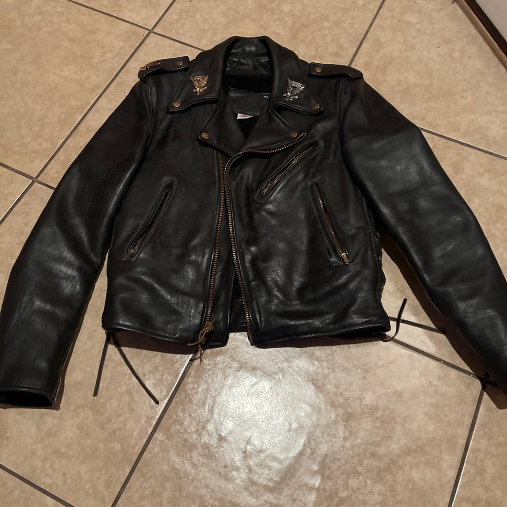 VTG Branded Garments Leather JKT. W/ Harley Davidson Patch. Sz. (42) . Sturgis